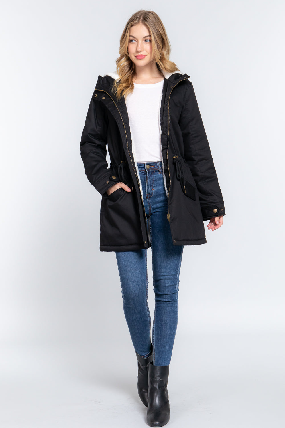 Black M - Fleece Lined Fur Hoodie Utility Jacket - 4 colors - womens jacket at TFC&H Co.