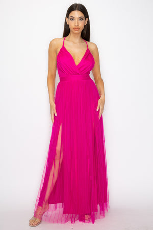 Hot Pink - Pleated Mesh Slit Maxi Dress - 3 colors - womens dress at TFC&H Co.
