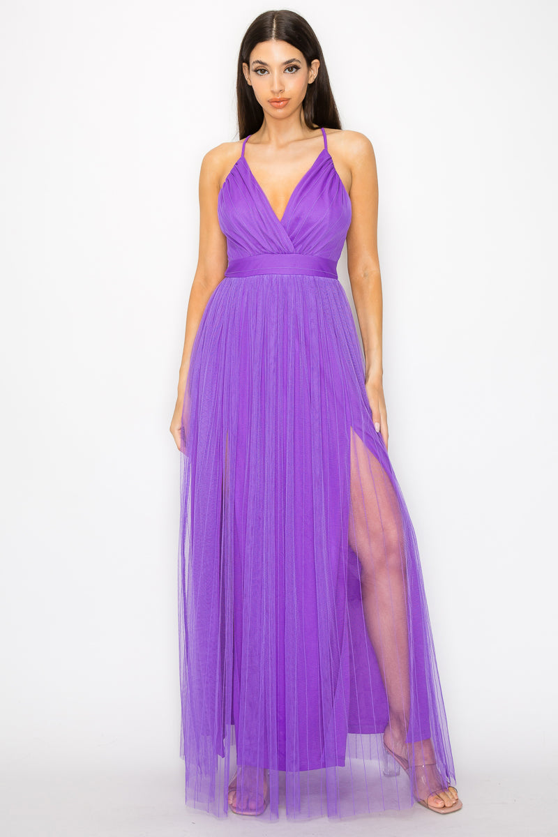Purple - Pleated Mesh Slit Maxi Dress - 3 colors - womens dress at TFC&H Co.