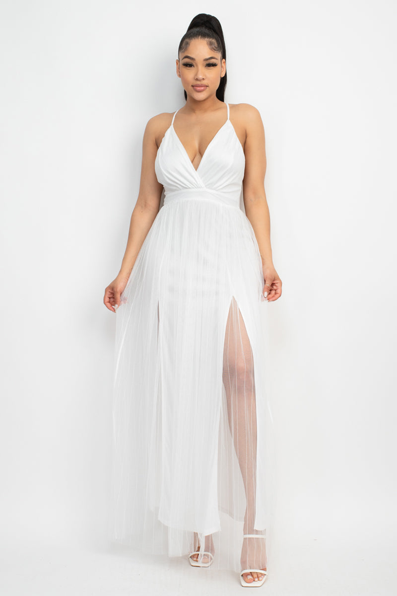 White - Pleated Mesh Slit Maxi Dress - 3 colors - womens dress at TFC&H Co.