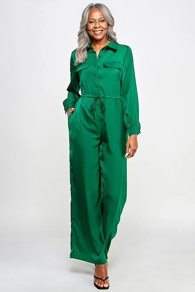 Emerald Green - Long Sleeve Jumpsuit With Waist Drawstring - 5 colors - womens jumpsuit at TFC&H Co.