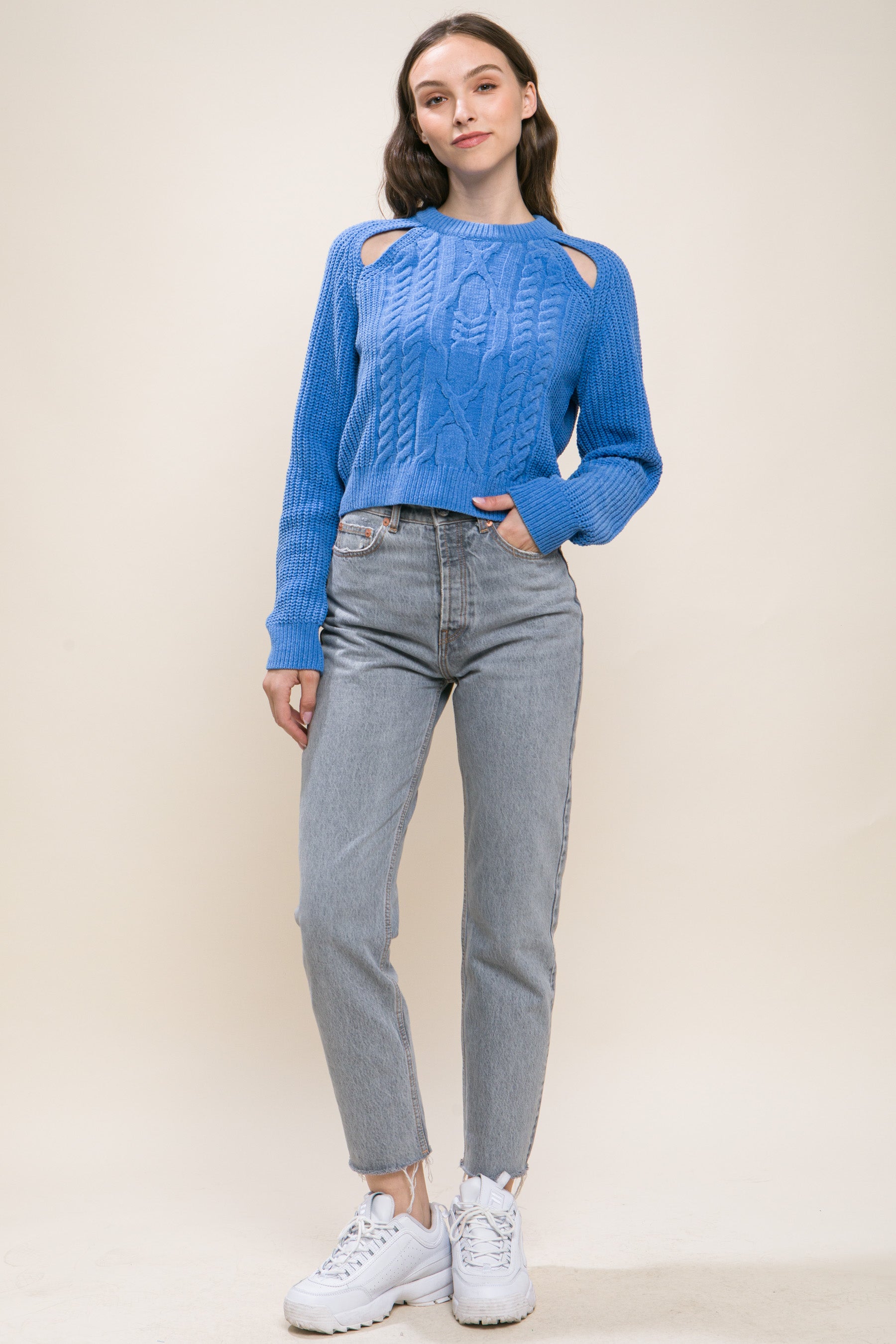 Blue - Women's Knit Pullover Sweater With Cold Shoulder Detail - 4 colors - womens sweater at TFC&H Co.