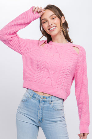 Pink - Women's Knit Pullover Sweater With Cold Shoulder Detail - 4 colors - womens sweater at TFC&H Co.
