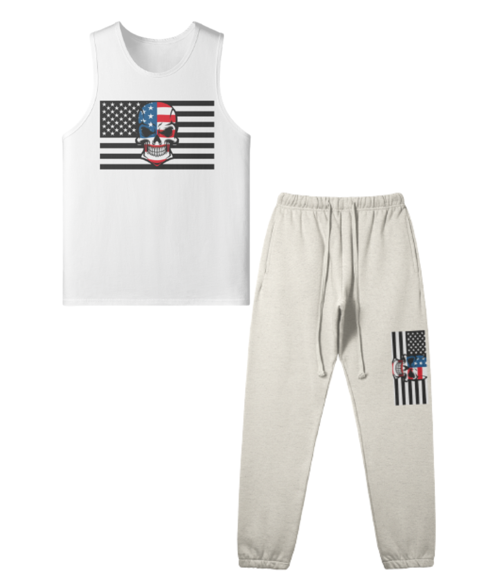 SKULL-FLAG-WHITE S - Skull Flag Tank & Joggers - mens top & pants set at TFC&H Co.