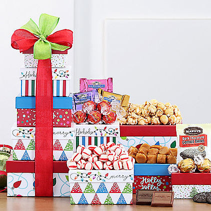 4 5 14 - Merry & Bright: Holiday Gift Tower - Gift basket at TFC&H Co.