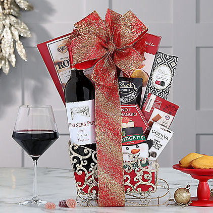 7 10 0 - Vintners Path Merlot: Holiday Wine Sleigh Basket - Gift Basket at TFC&H Co.