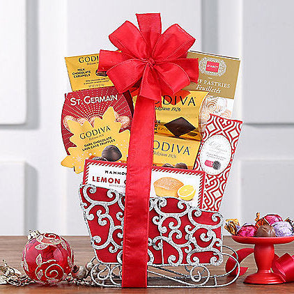 3 9 8 - Godiva Truffle & Cocoa: Holiday Sleigh Gift Basket - Gift basket at TFC&H Co.