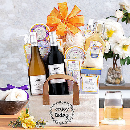 - Steeplechase Vineyards Spa Duet: Lavender Vanilla Spa & Wine Gift Basket - Gift basket at TFC&H Co.