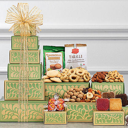 - Golden Delights: Nuts & Sweets Gift Tower - Gift basket at TFC&H Co.