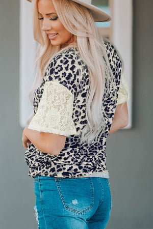 - Leopard Print Lace Sleeve Round Neck Tee - womens shirt at TFC&H Co.