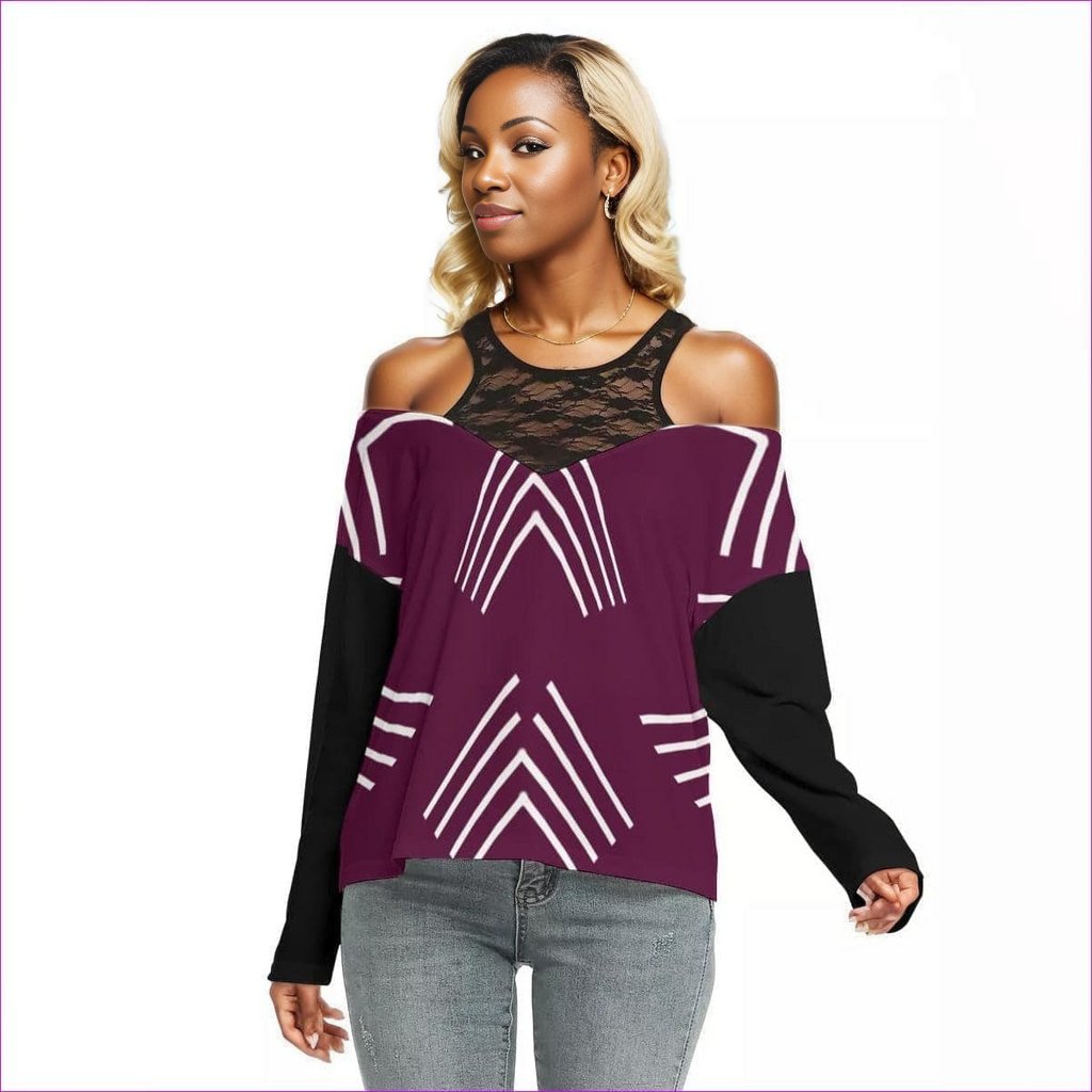 maroon Arrows Womens Sheer Lace Collar Cold Shoulder Long Sleeves Blouse - women's blouse at TFC&H Co.