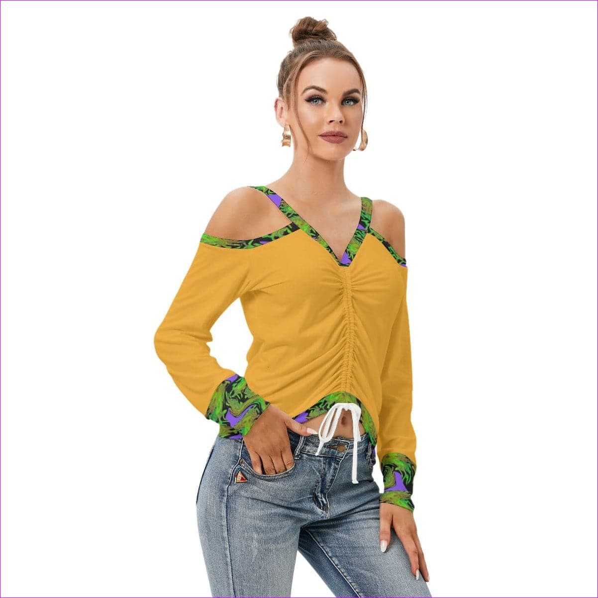 Orange Asudem Women’s V-neck Cold Shoulder Blouse With Long Sleeve - women's top at TFC&H Co.
