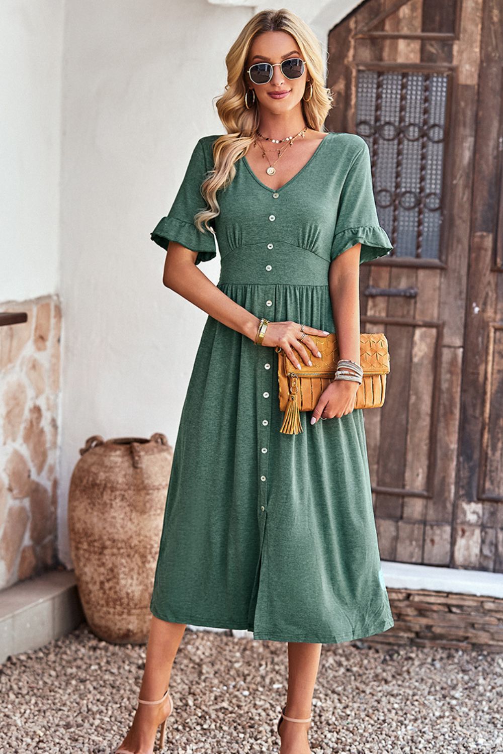 Gathered Detail Buttoned V-Neck Midi Dress - 4 colors - Women's Midi Dresses at TFC&H Co.