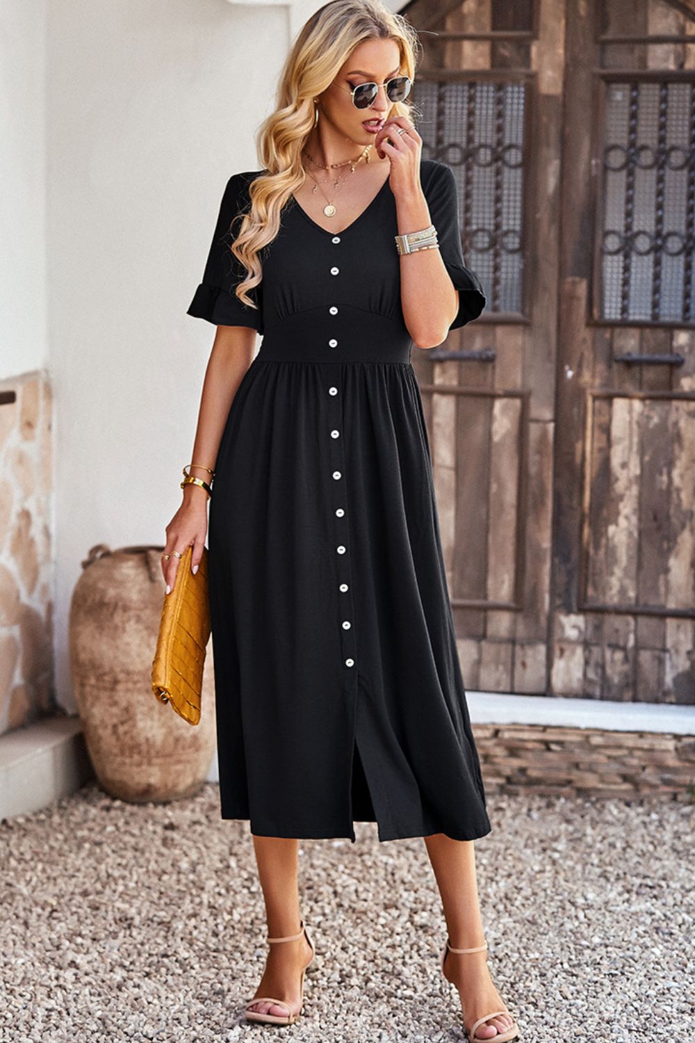 Gathered Detail Buttoned V-Neck Midi Dress - 4 colors - Women's Midi Dresses at TFC&H Co.
