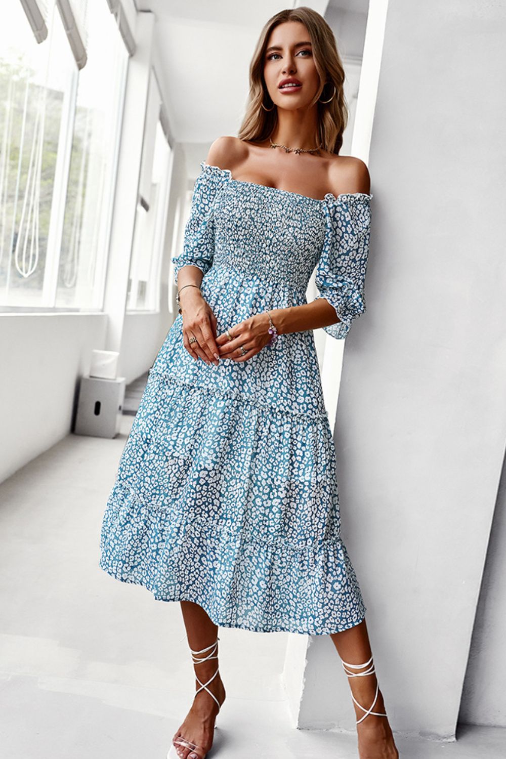 Ditsy Floral Off-Shoulder Smocked Midi Dress - 3 colors - women's dress at TFC&H Co.