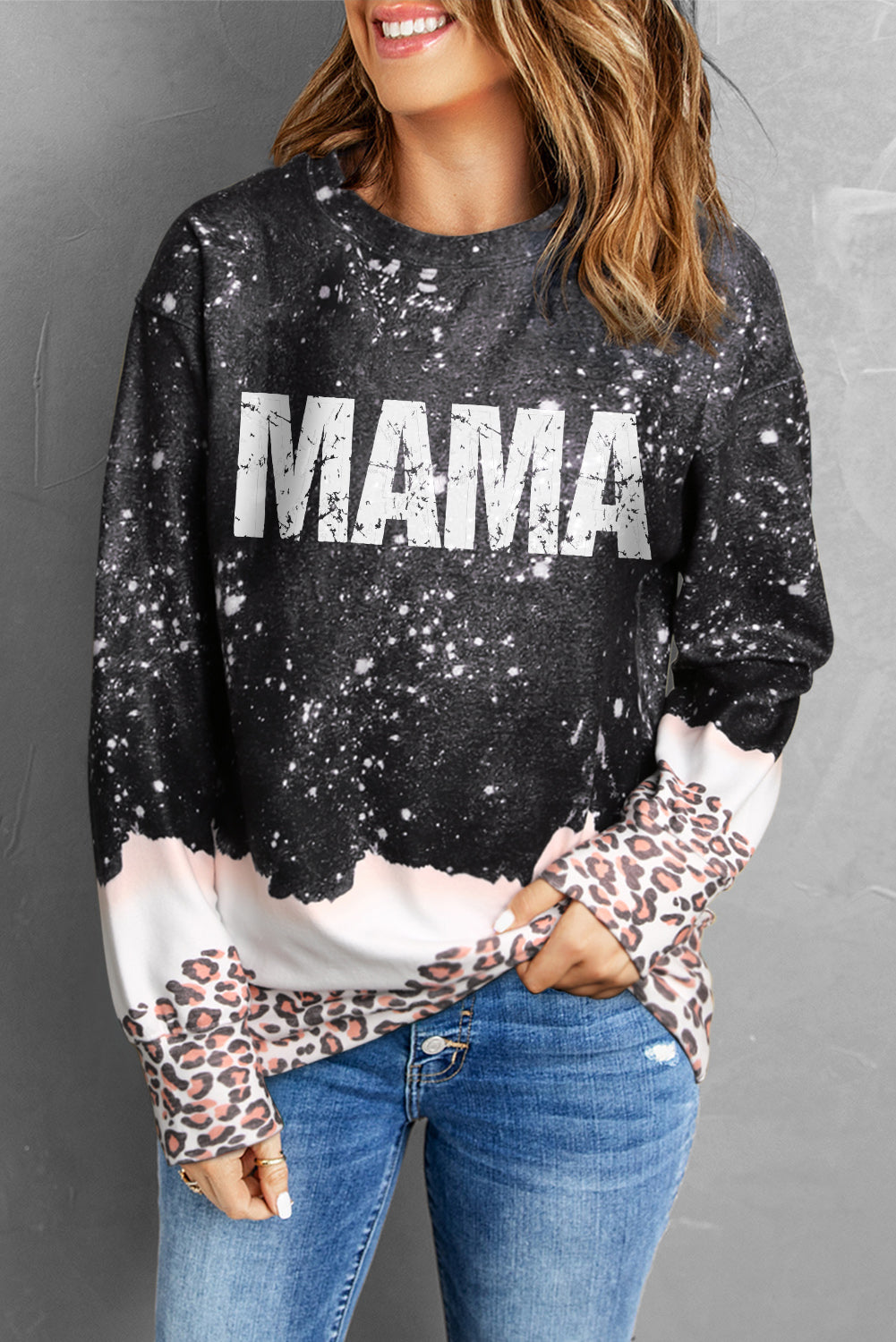 MULTI - MAMA Leopard Color Block Round Neck Sweatshirt - womens sweater at TFC&H Co.