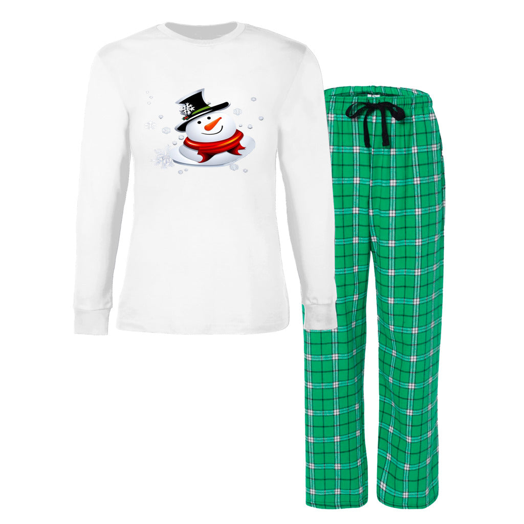 White and Green Flannel - Snow Man's Delight Women's Long Sleeve Top and Flannel Christmas Pajama Set - womens pajamas at TFC&H Co.