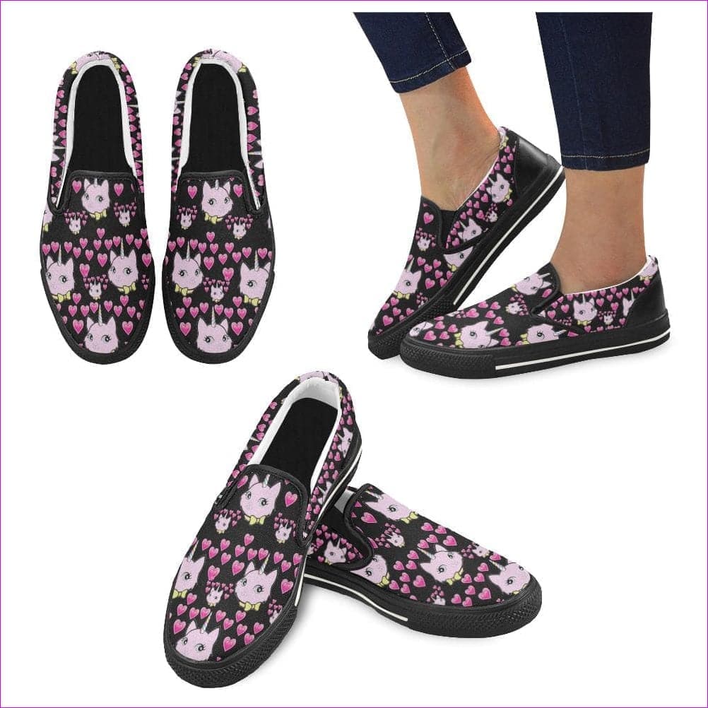 Bec & Friends Uni-Cat Slip-On canvas Shoe - Black Slip-on Canvas Kid's Shoes (Big Kid) (Model 019) Bec & Friends Uni-Kitten Slip-On Canvas Shoe - Kids Shoes at TFC&H Co.