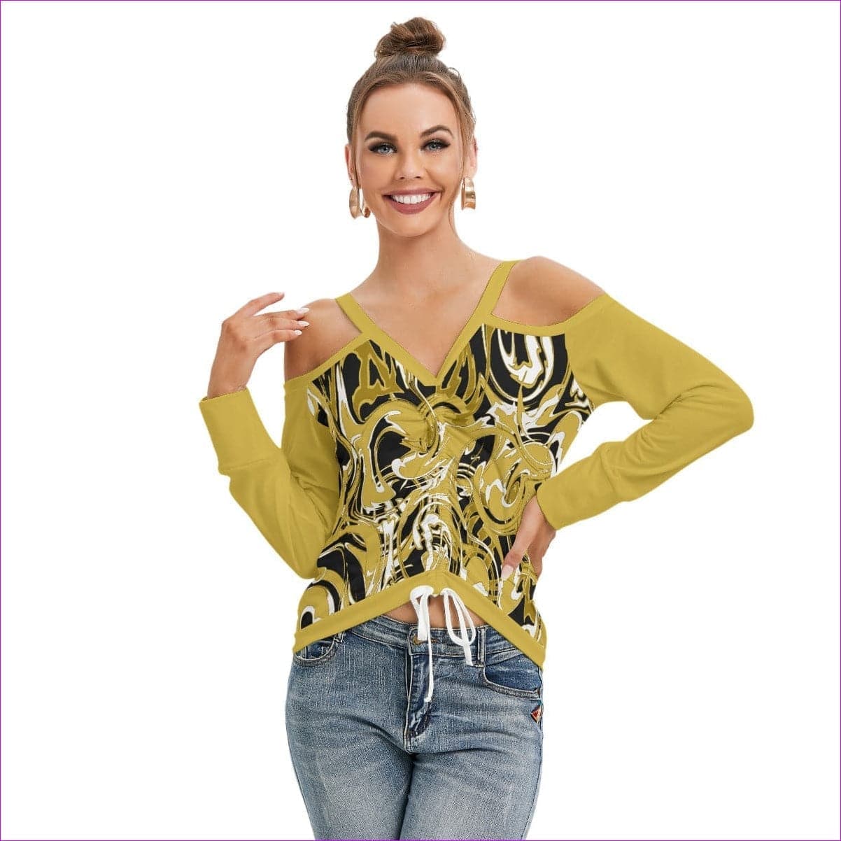 Black Ivy Distressed Gold Women’s V-neck Cold Shoulder Blouse With Long Sleeve - women's top at TFC&H Co.