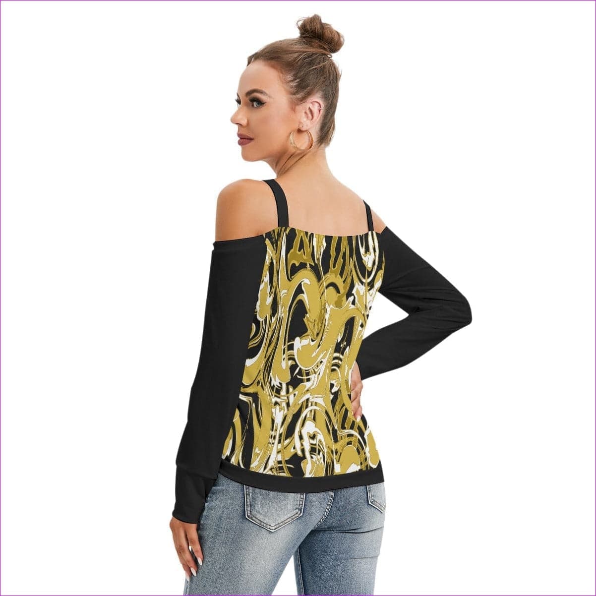 Black Ivy Distressed Women’s Black V-neck Cold Shoulder Blouse With Long Sleeve - women's top at TFC&H Co.