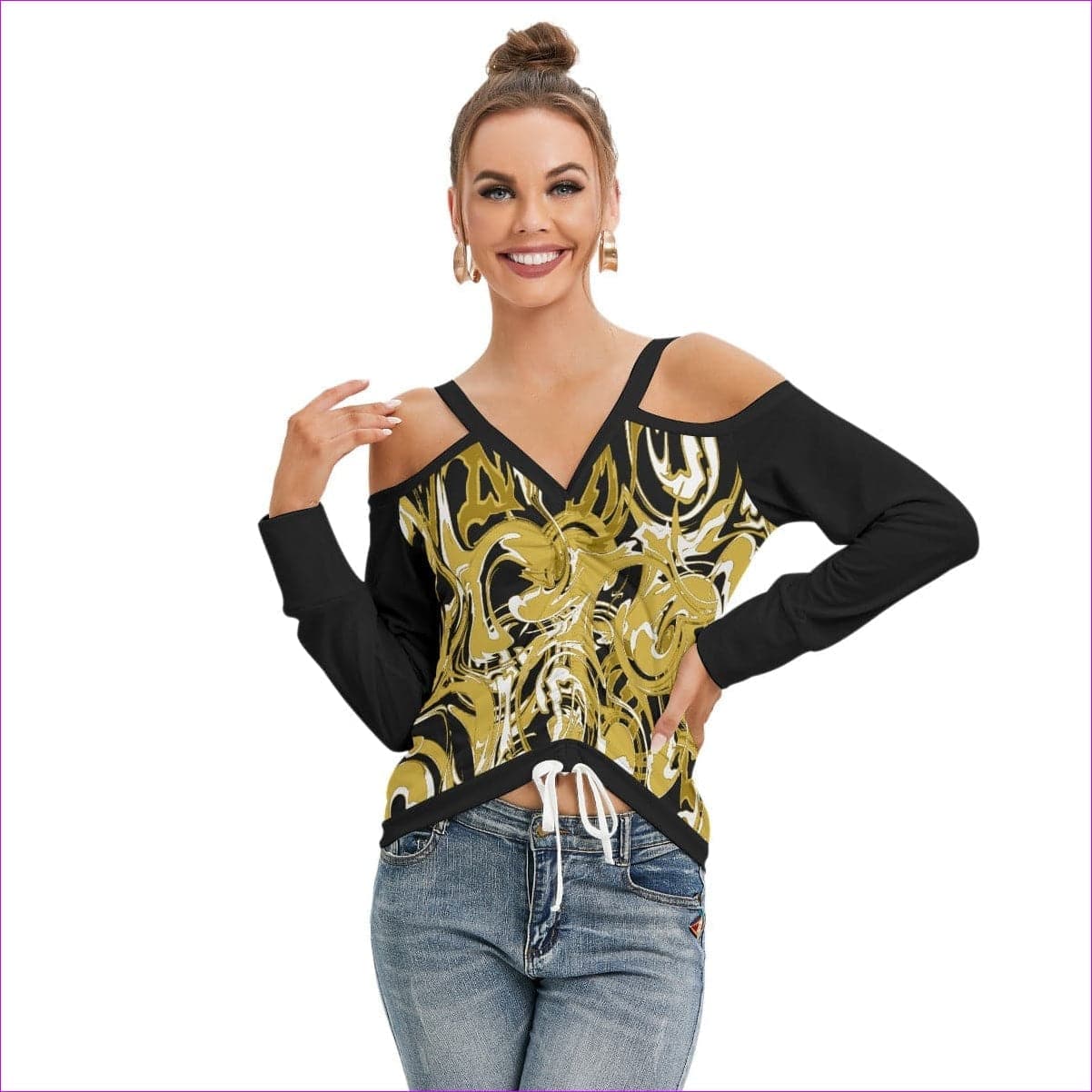 Black Black Ivy Distressed Women’s Black V-neck Cold Shoulder Blouse With Long Sleeve - women's top at TFC&H Co.