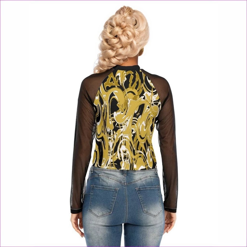 gold Black Ivy Distressed Womens Raglan Mesh Long Sleeve Top - women's top at TFC&H Co.
