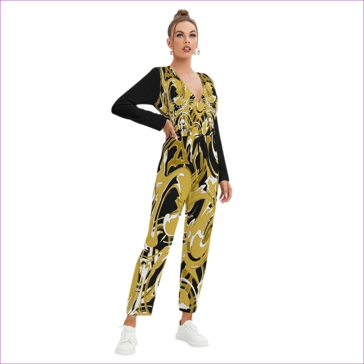 khaki Black Ivy Distressed Womens V-neck High Waist Jumpsuit - women's jumpsuit at TFC&H Co.