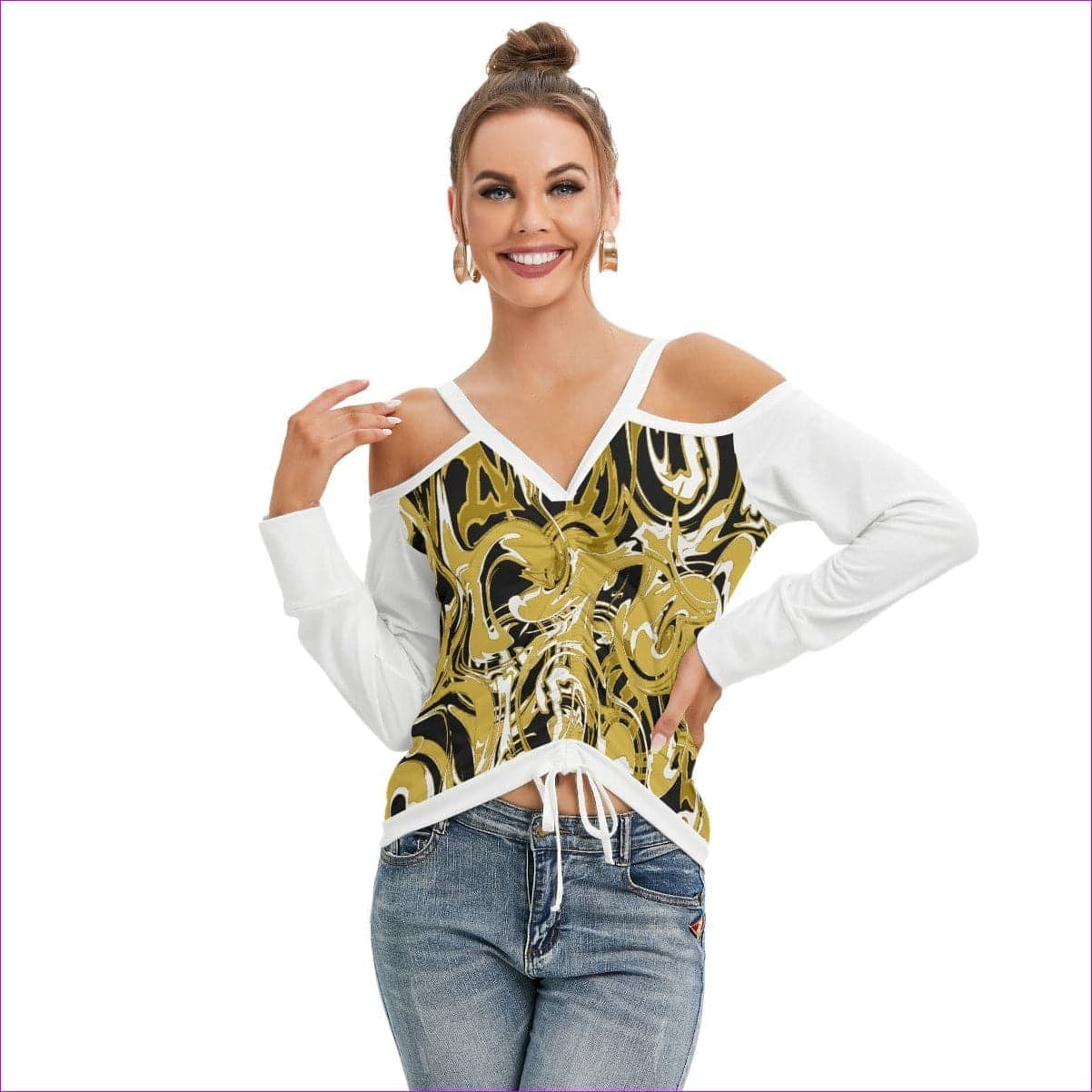 Black Ivy Distressed Women’s White V-neck Cold Shoulder Blouse With Long Sleeve - women's top at TFC&H Co.