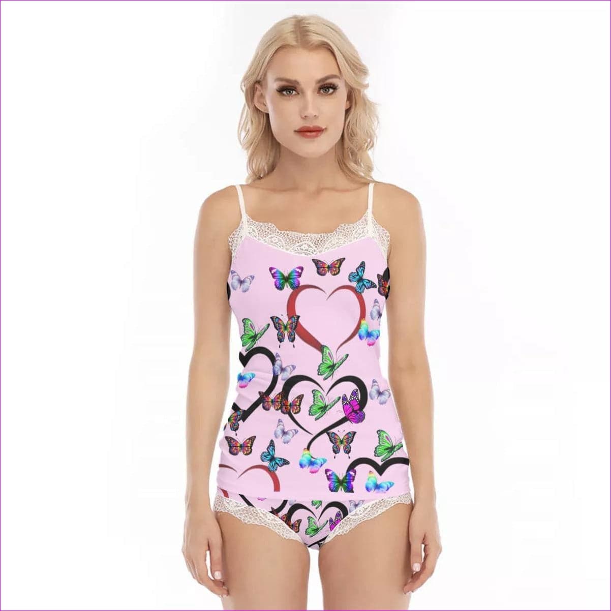 pink - Butterfly Love Womens Pajama Set With Lace Edge - womens sleepwear at TFC&H Co.