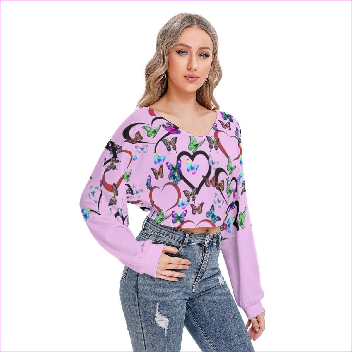- Butterfly Love Womens V-neck Drop-shoulder Cropped Shirt - womens sweatshirt at TFC&H Co.