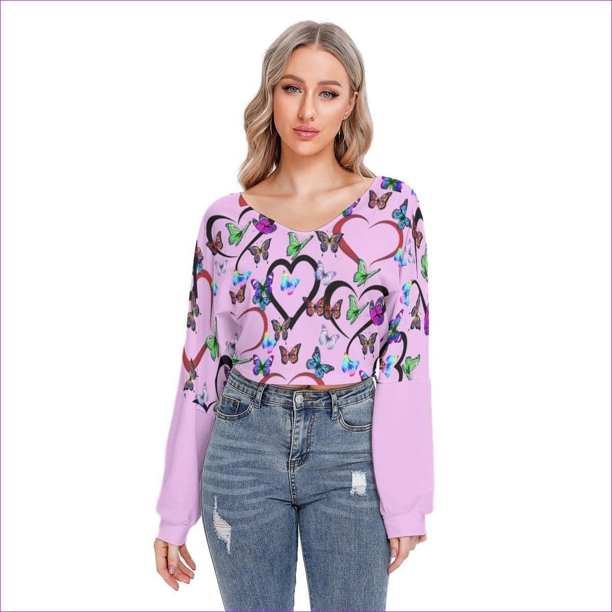 pink - Butterfly Love Womens V-neck Drop-shoulder Cropped Shirt - womens sweatshirt at TFC&H Co.