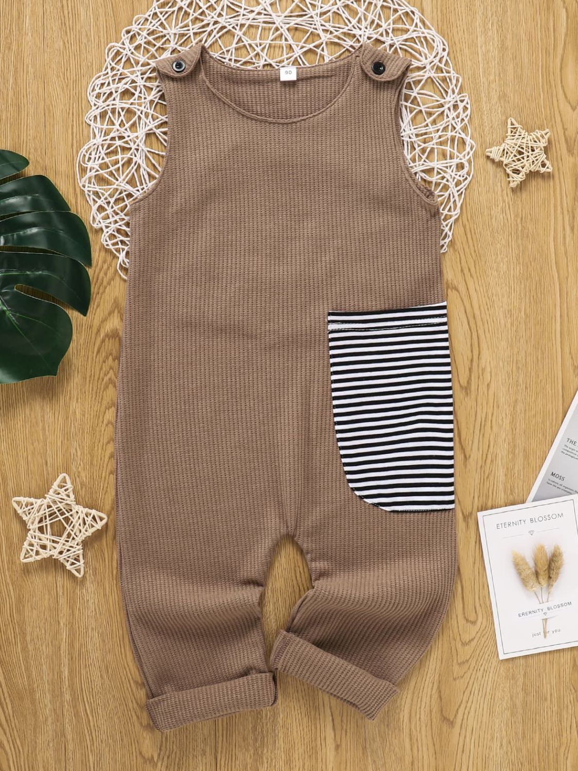 CAMEL - Kids Striped Contrast Waffle-Knit Sleeveless Jumpsuit - Infant & Toddler Romper at TFC&H Co.