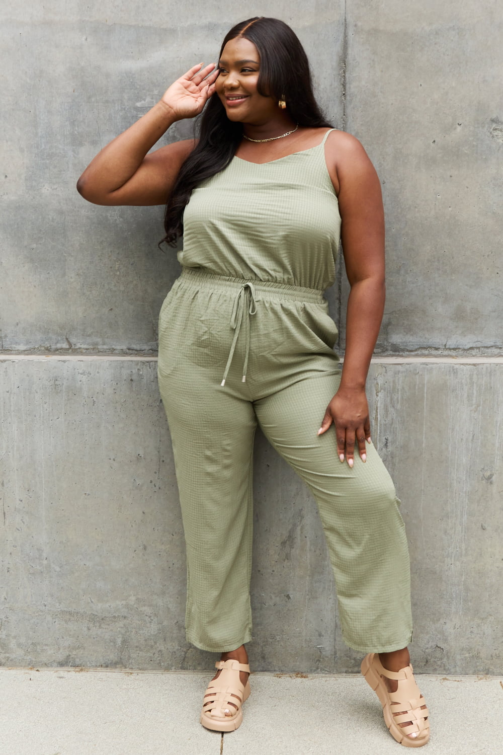 SAGE - ODDI Full Size Textured Woven Jumpsuit in Sage - Ships from The USA - womens jumpsuit at TFC&H Co.