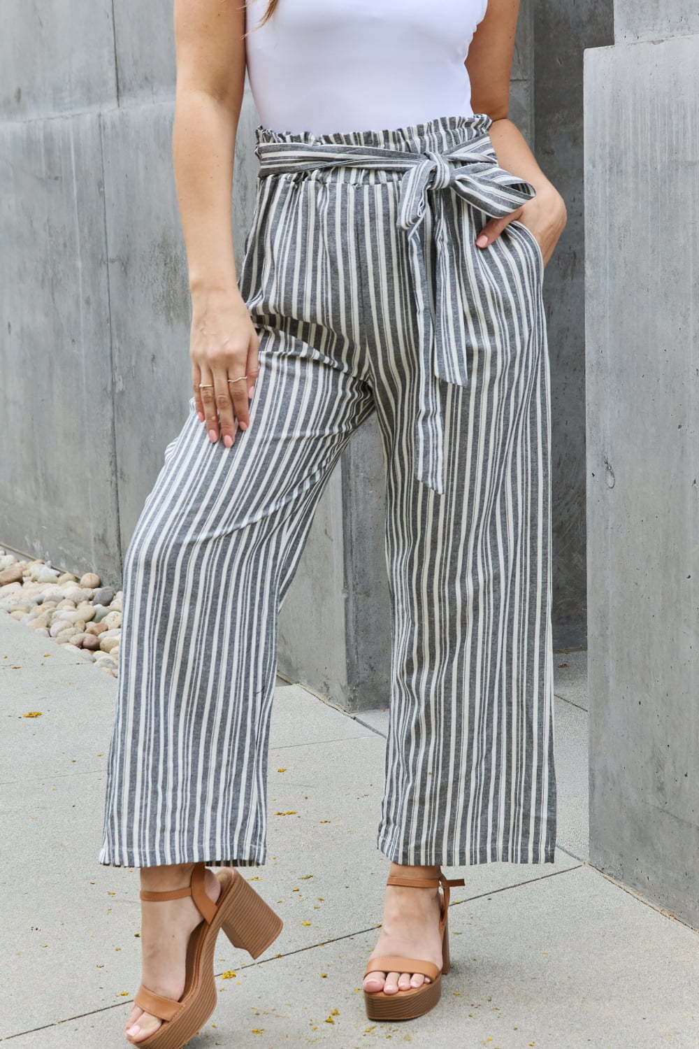 STRIPE - Heimish Find Your Path Full Size Paperbag Waist Striped Culotte Pants - womens pants at TFC&H Co.