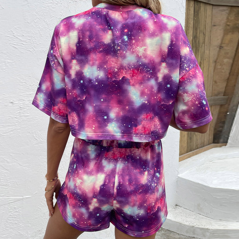 - Tie Dye Round Neck Dropped Shoulder Half Sleeve Top and Shorts Set - womens short set at TFC&H Co.