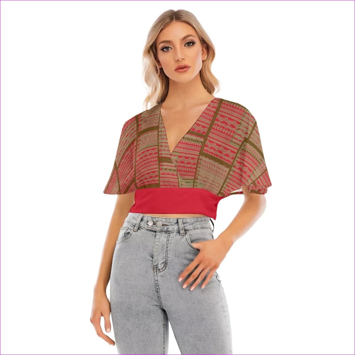 Red Chained 2 Womens Bat Sleeve Crop Top - women's bat sleeve crop top at TFC&H Co.