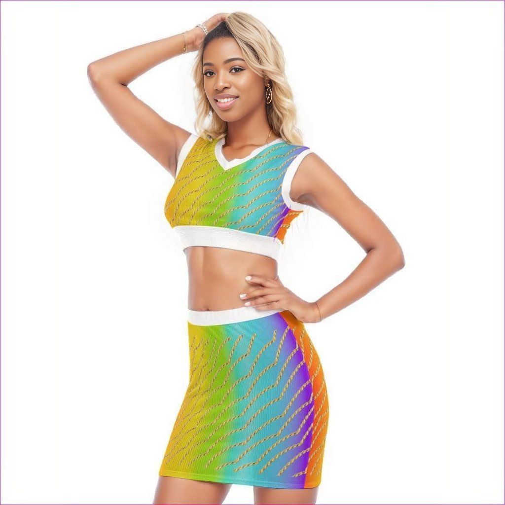 Chained Rainbow Womens V Collar Top & Skirt Set - women's top & skirt set at TFC&H Co.