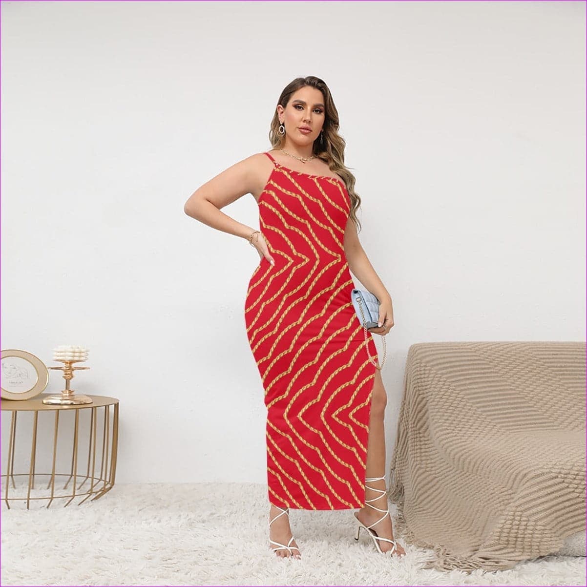 Red - Chained Womens Red Oblique-Shoulder Exposure Dress With Side Split Voluptuous (Plus Size) - womens dress at TFC&H Co.