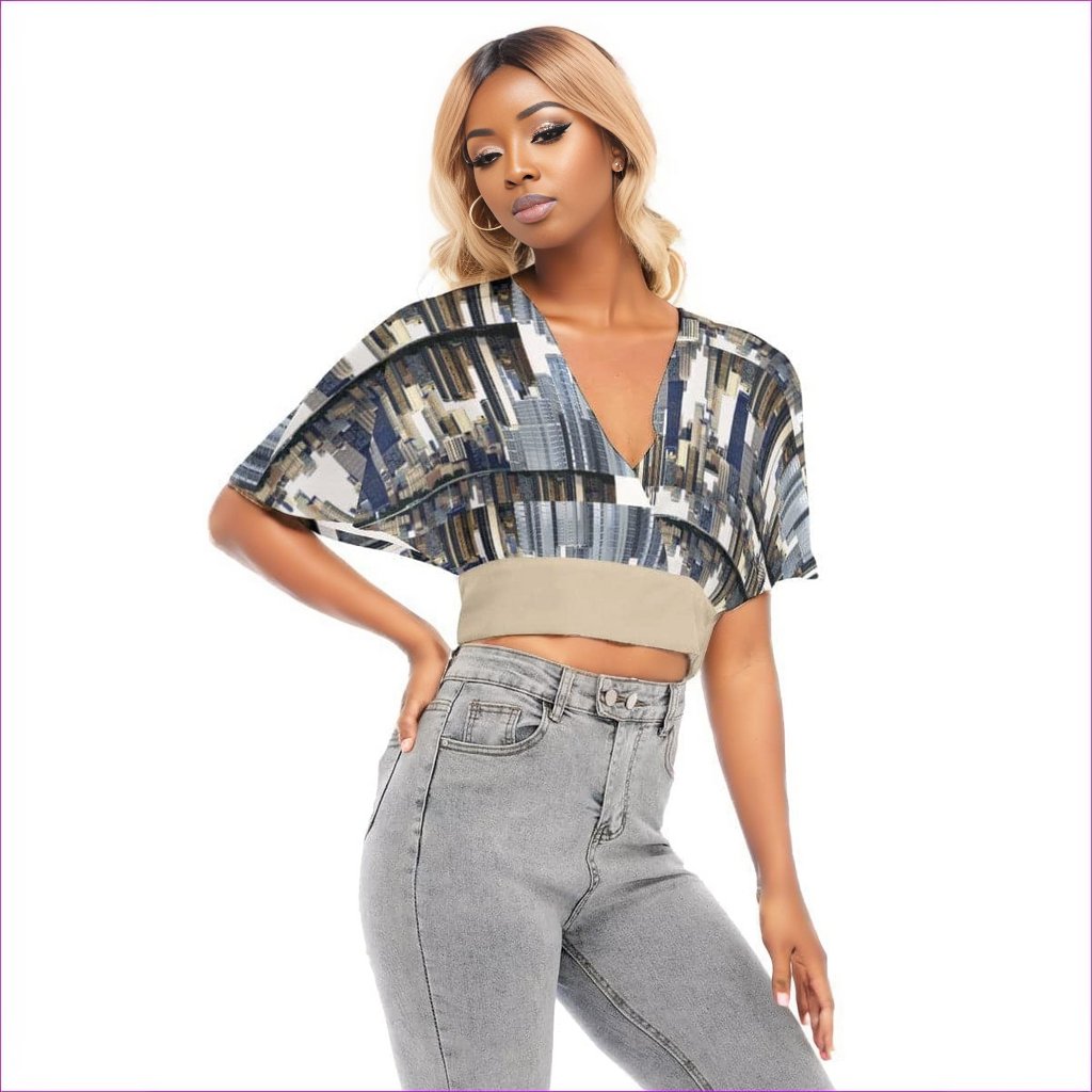 multi-colored City Blocks Womens Bat Sleeve Crop Top - women's crop top at TFC&H Co.