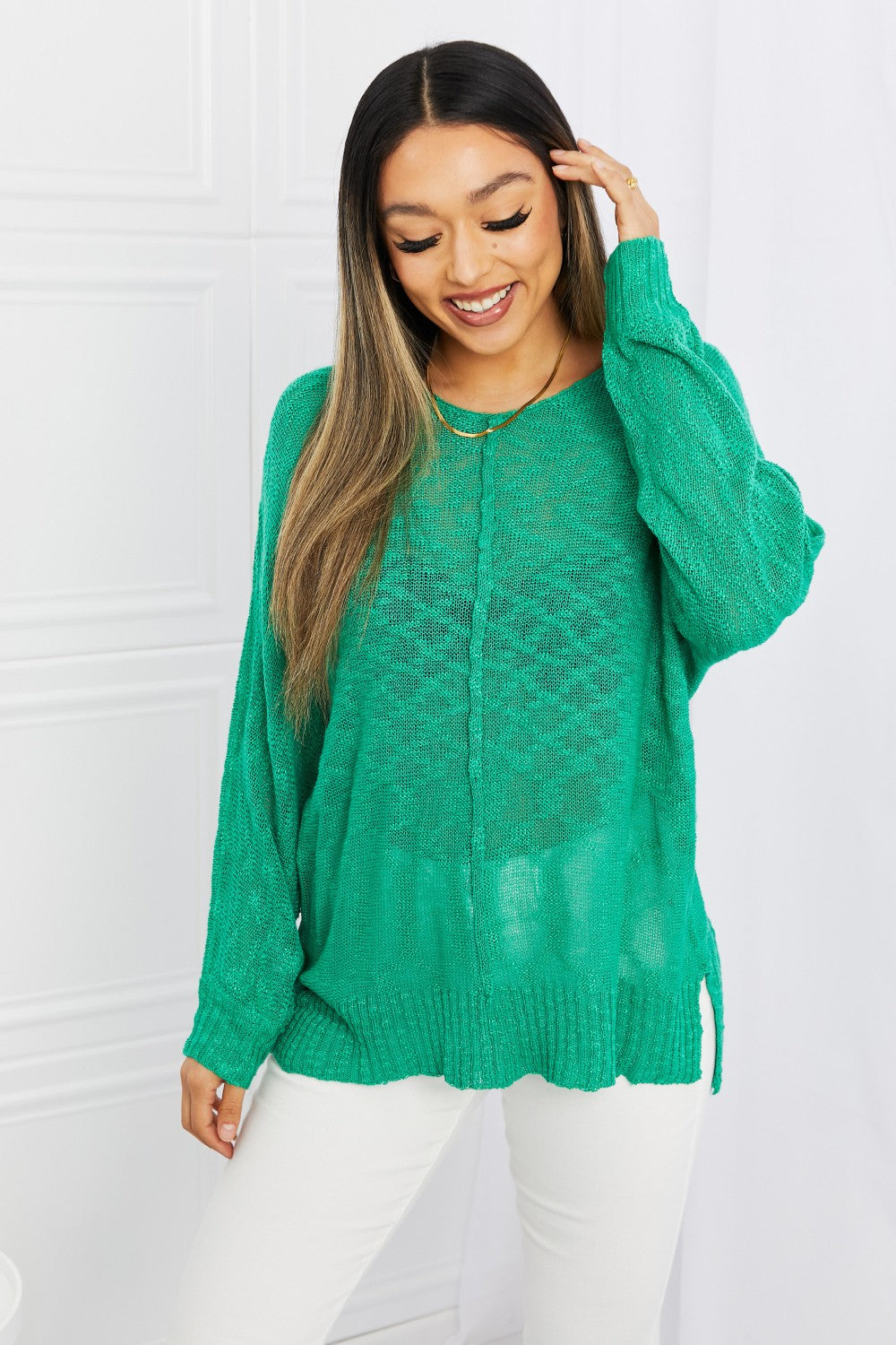 KELLY GREEN - Mittoshop Exposed Seam Slit Knit Top in Kelly Green - Ships from The US - womens shirt at TFC&H Co.