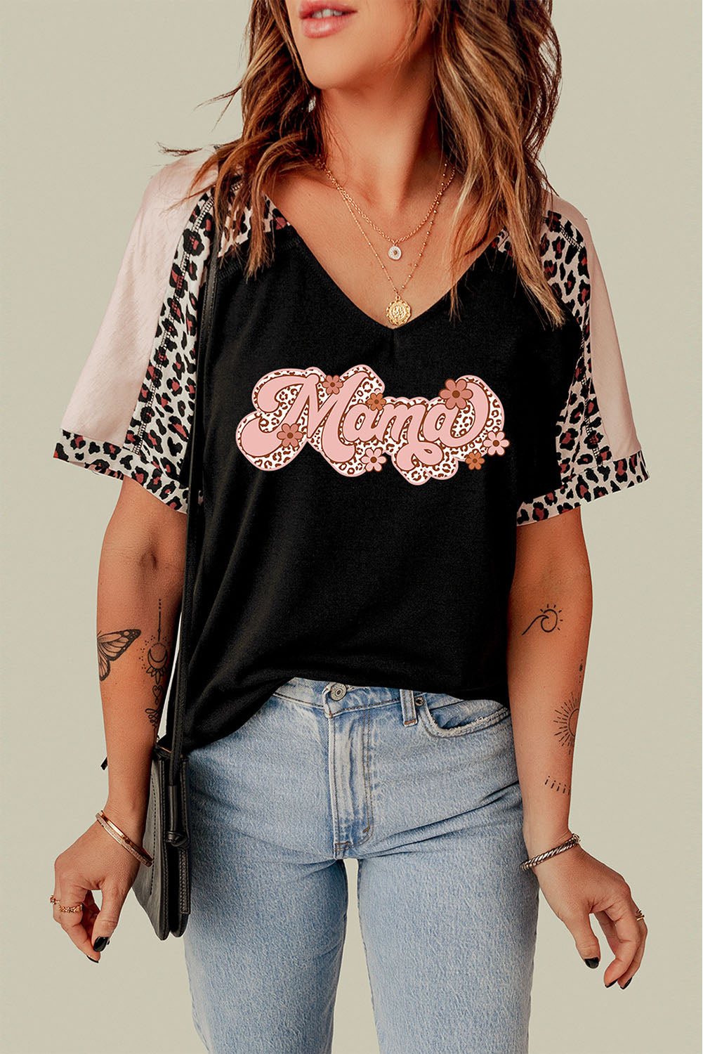 BLACK - MAMA Graphic Leopard V-Neck Tee Shirt - womens t-shirt at TFC&H Co.