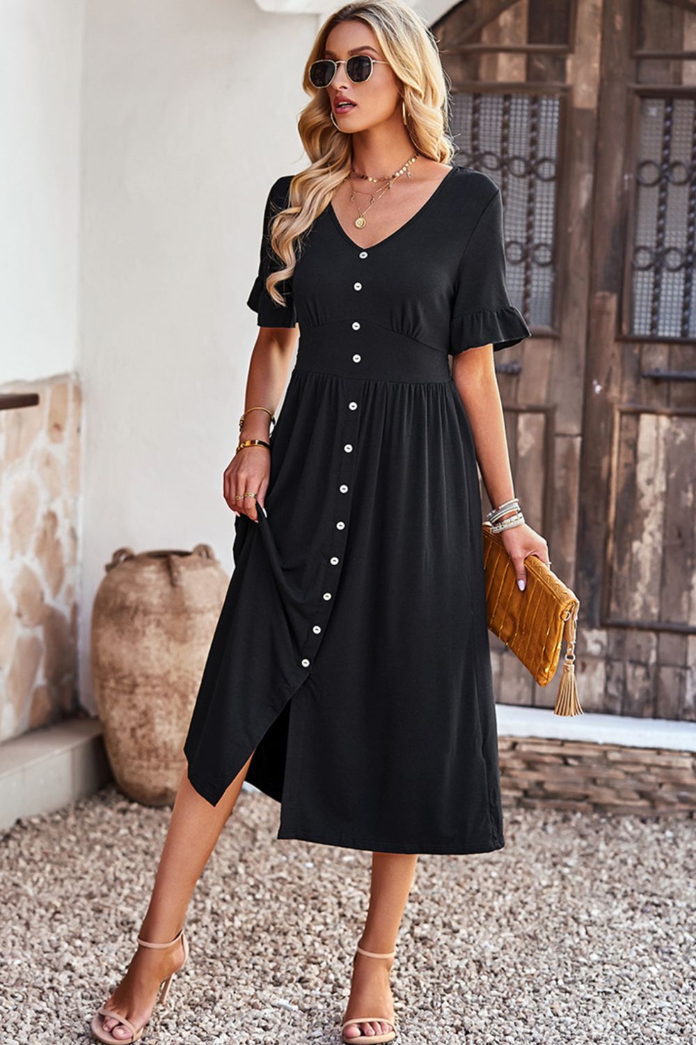 Gathered Detail Buttoned V-Neck Midi Dress - 4 colors - Women's Midi Dresses at TFC&H Co.
