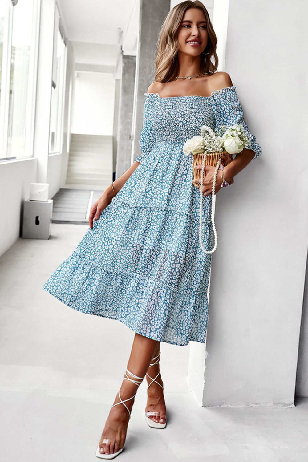 DEEP TEAL Ditsy Floral Off-Shoulder Smocked Midi Dress - 3 colors - women's dress at TFC&H Co.