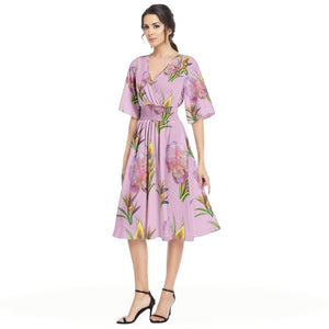 - Delightful Pink Butterfly Sleeve Shirred High Waist A Line Midi Dress - womens dress at TFC&H Co.