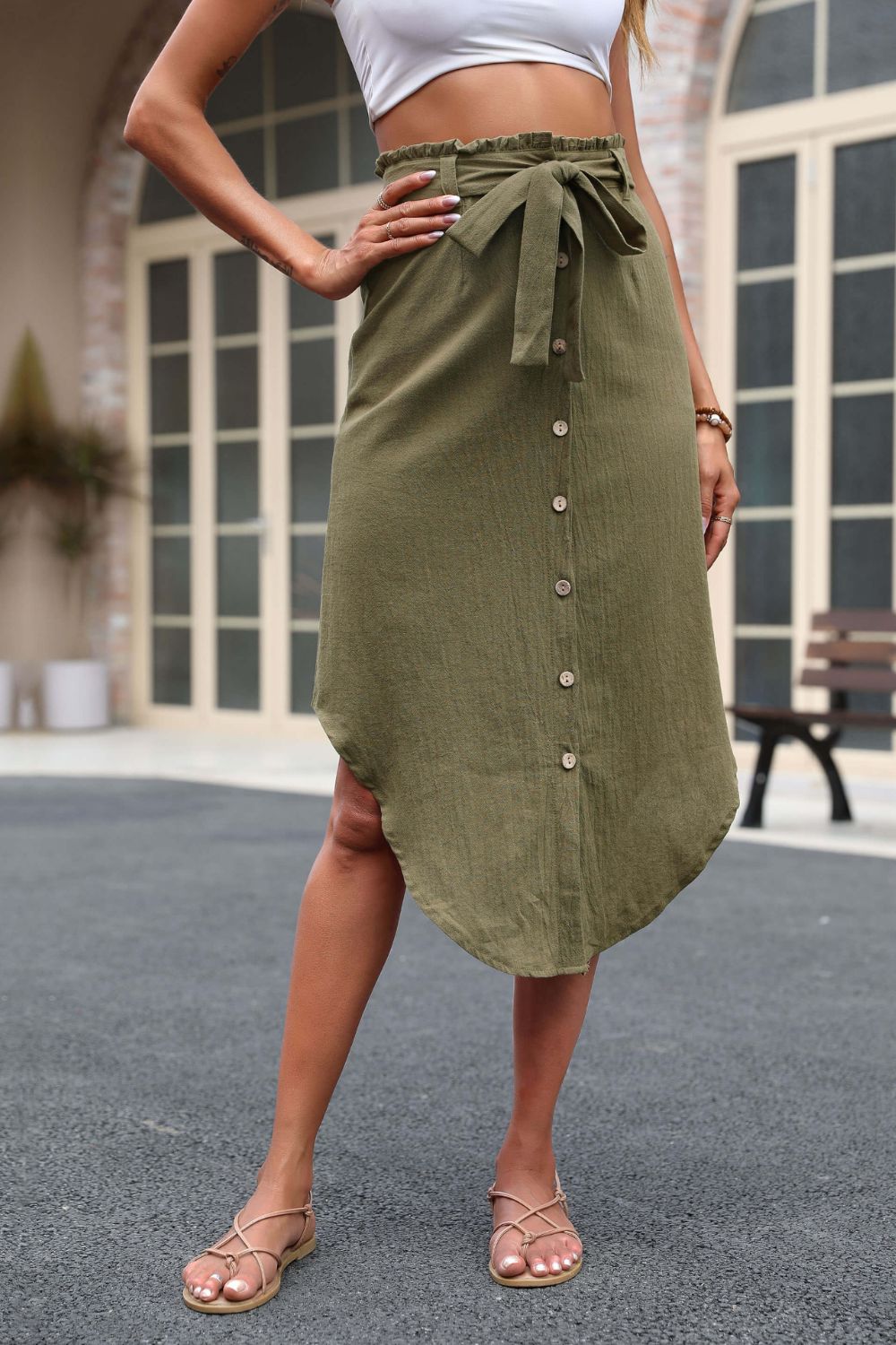 GREEN - Tie Belt Frill Trim Buttoned Skirt - 2 colors - womens skirt at TFC&H Co.
