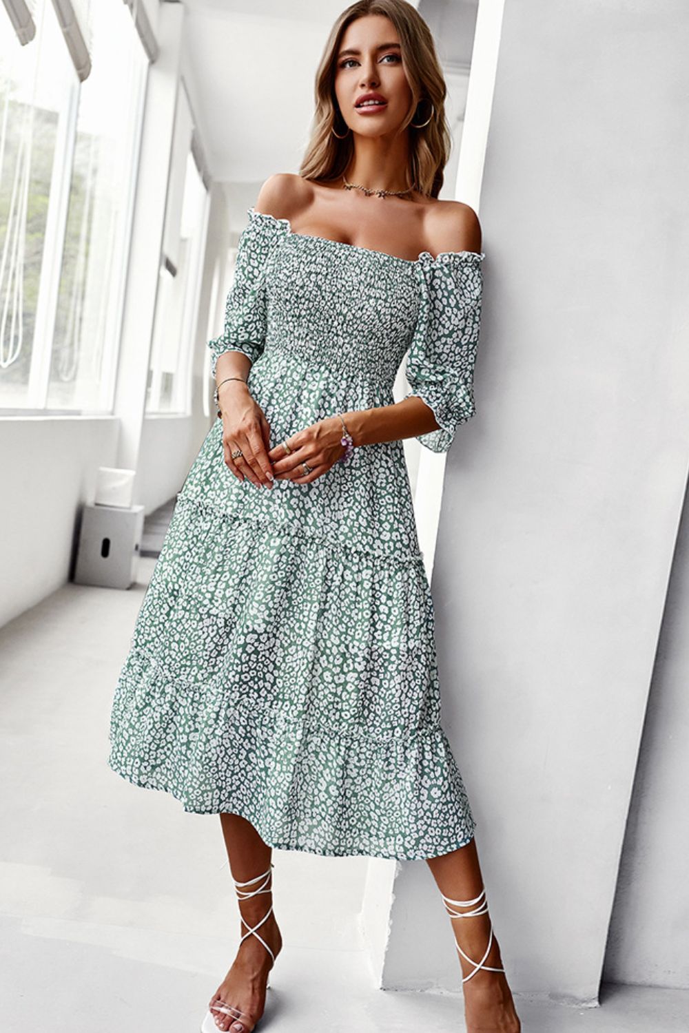 Ditsy Floral Off-Shoulder Smocked Midi Dress - 3 colors - women's dress at TFC&H Co.