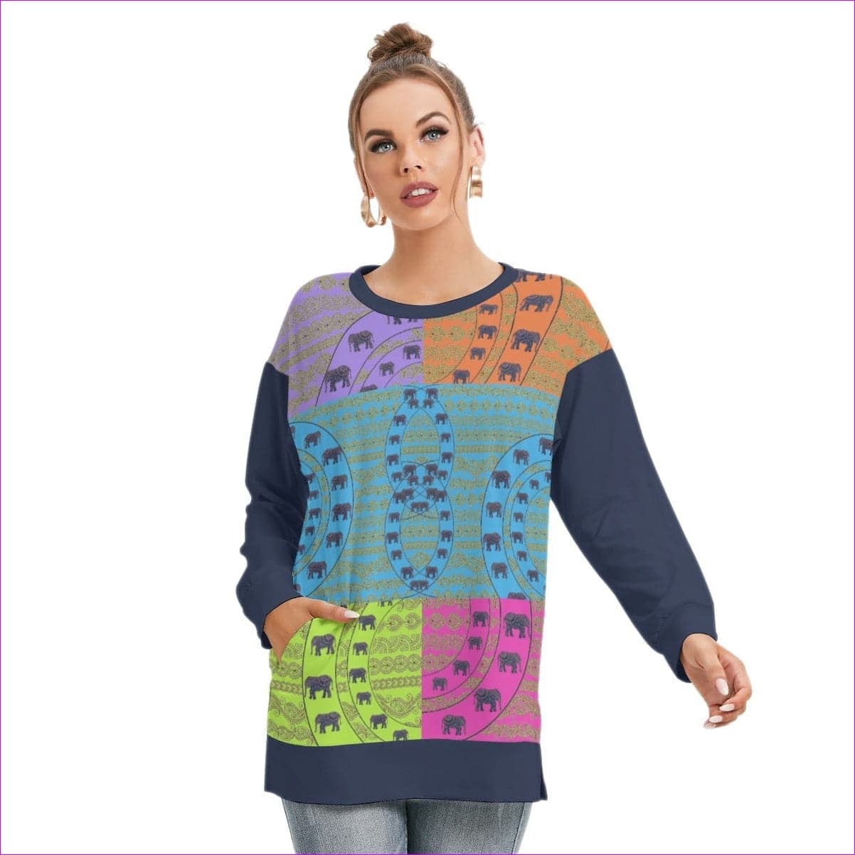 Elegant Elephant Womens Side Split O-neck Sweatshirt - women's sweatshirt at TFC&H Co.