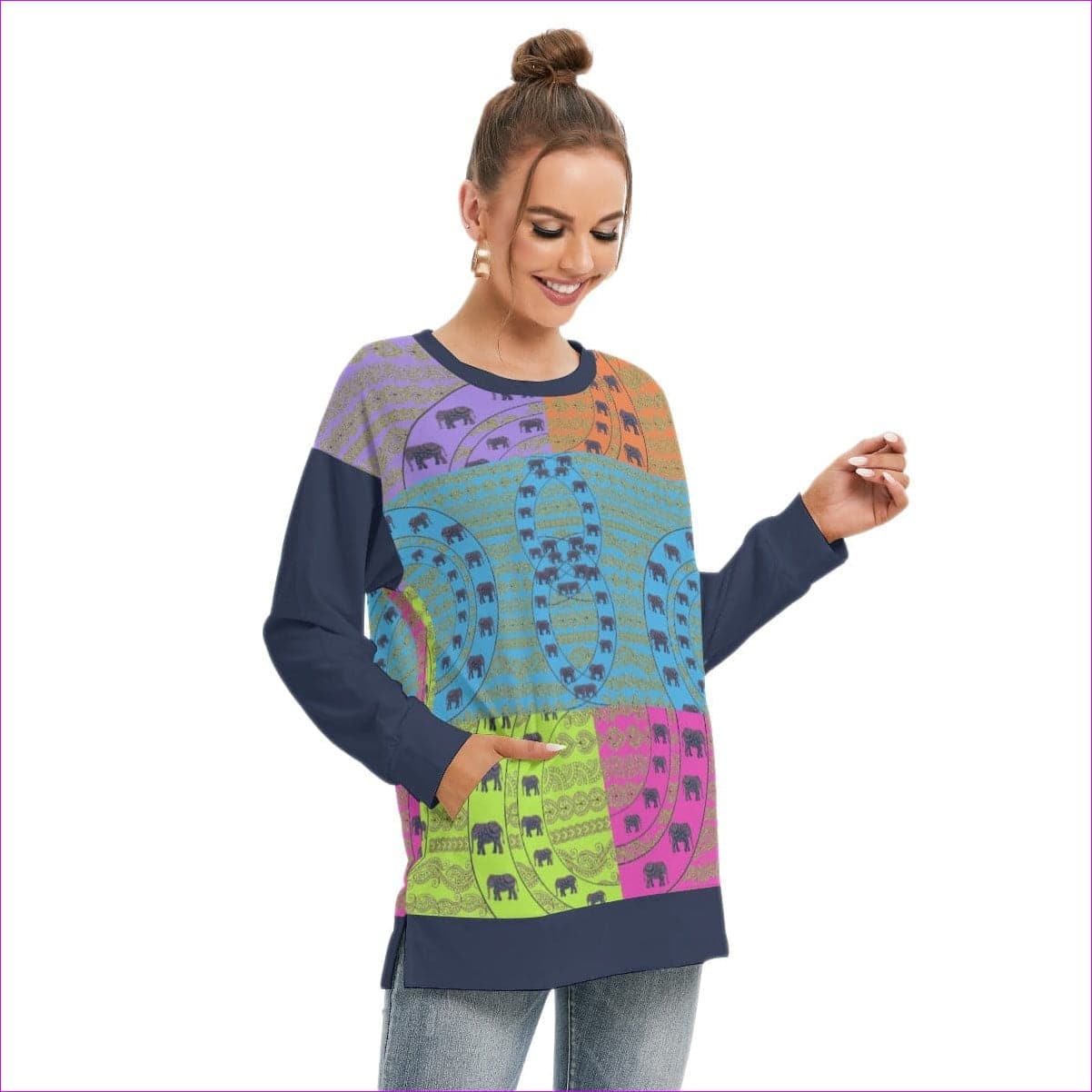 Elegant Elephant Womens Side Split O-neck Sweatshirt - women's sweatshirt at TFC&H Co.