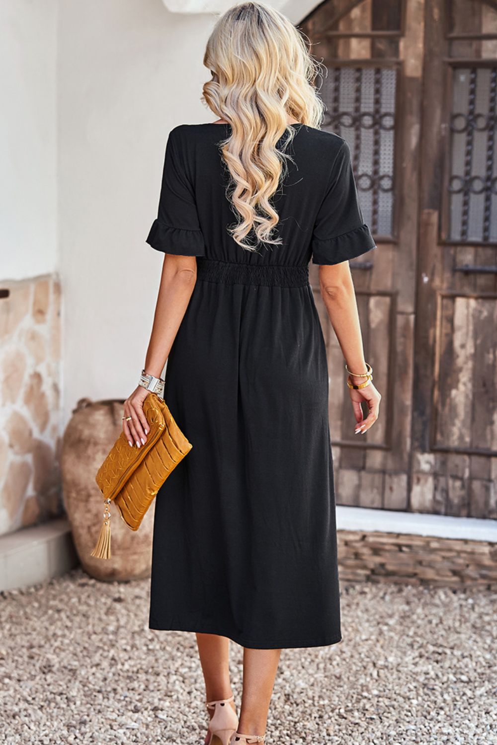 Gathered Detail Buttoned V-Neck Midi Dress - 4 colors - Women's Midi Dresses at TFC&H Co.