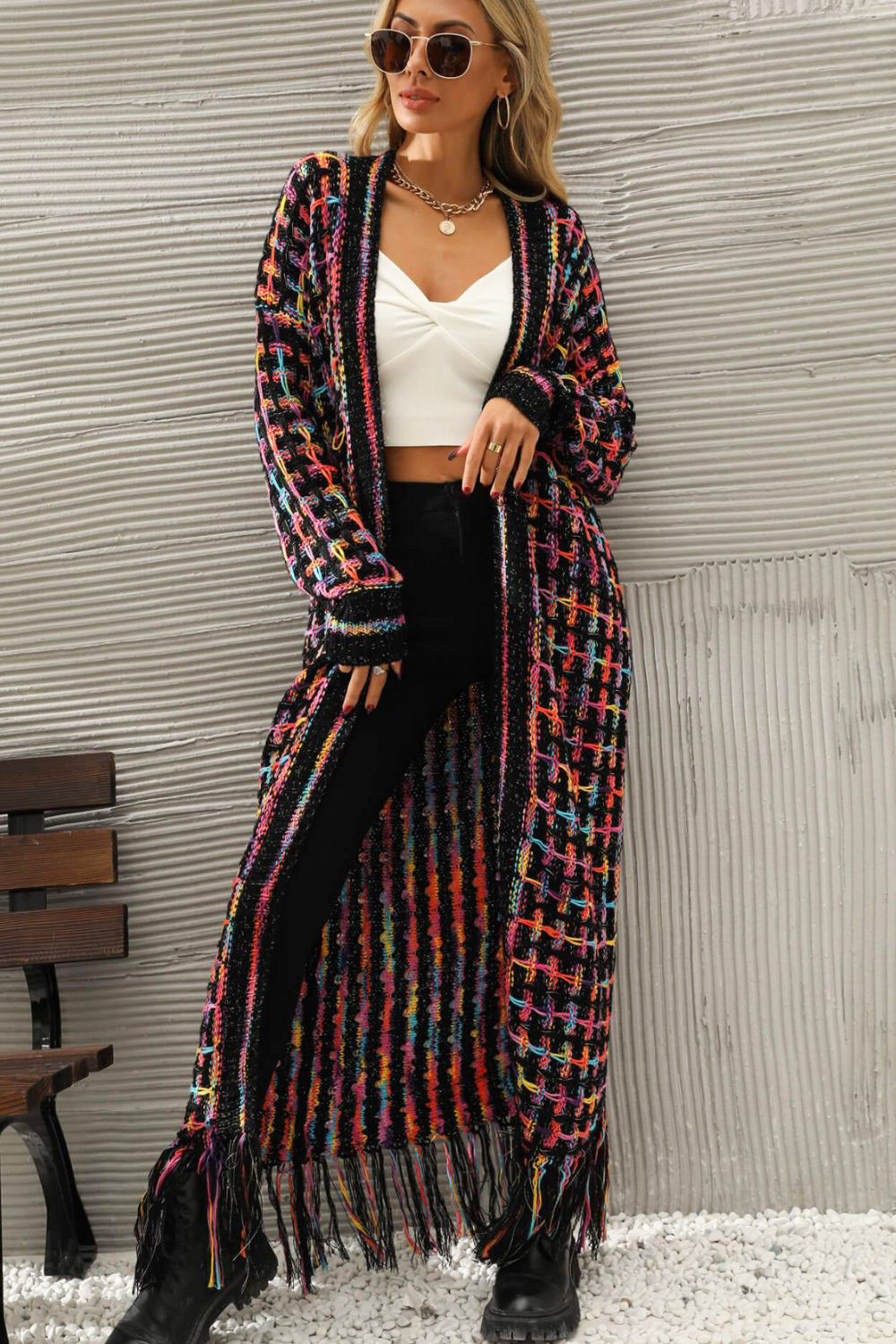 MULTI Multicolored Open Front Fringe Hem Cardigan - women's cardigan at TFC&H Co.